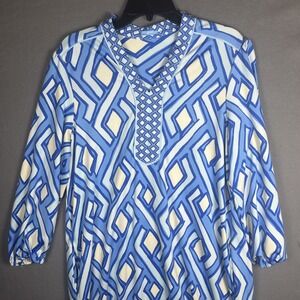 J. McLaughlin Dress Emer Vilhada Knee‎ Length Shift Blue Geo Print Long Sleeve L